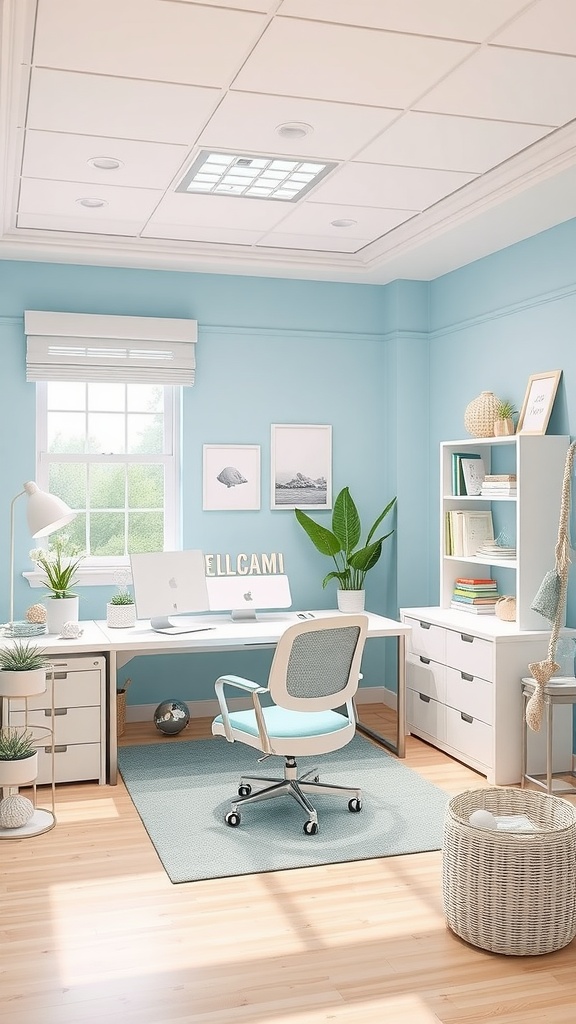A coastal-inspired home office with light blue walls, a white desk, and plants