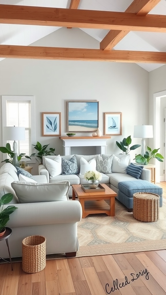 A cozy living room featuring a large sectional sofa, wooden beams, coastal artwork, and plants.