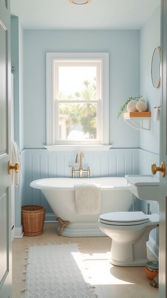 Coastal-themed small bathroom with light blue walls, a freestanding bathtub, and natural decor.