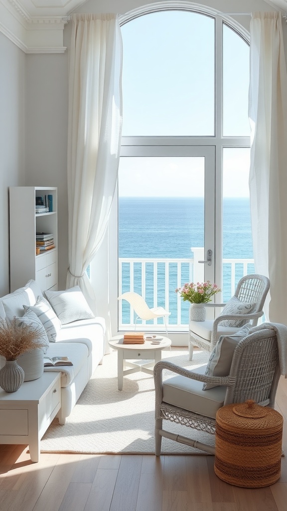 A bright reading nook with a view of the ocean, featuring a white sofa, woven chairs, and light curtains.