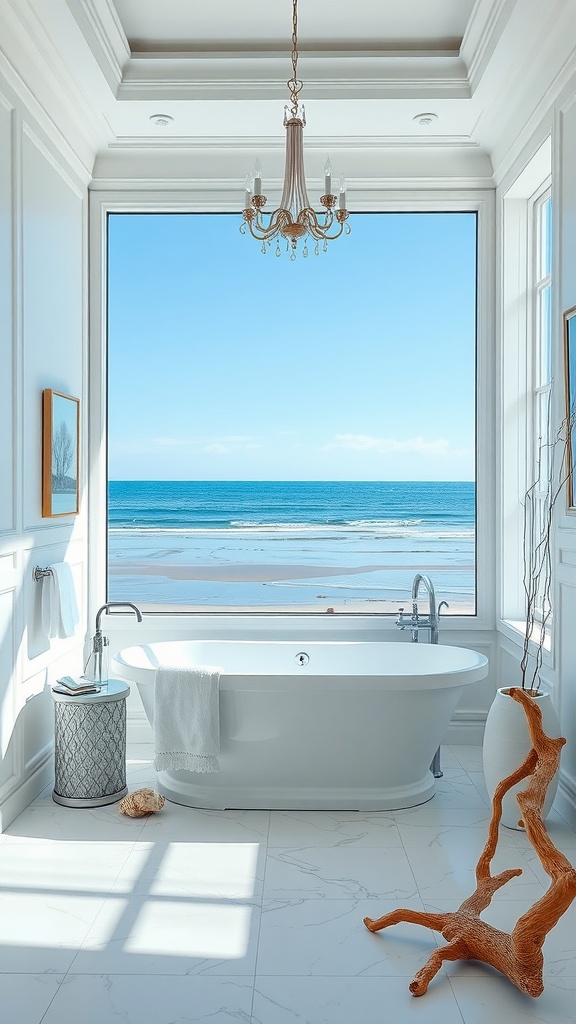 A luxurious coastal bathroom with a freestanding tub, large window overlooking the beach, and elegant decor.