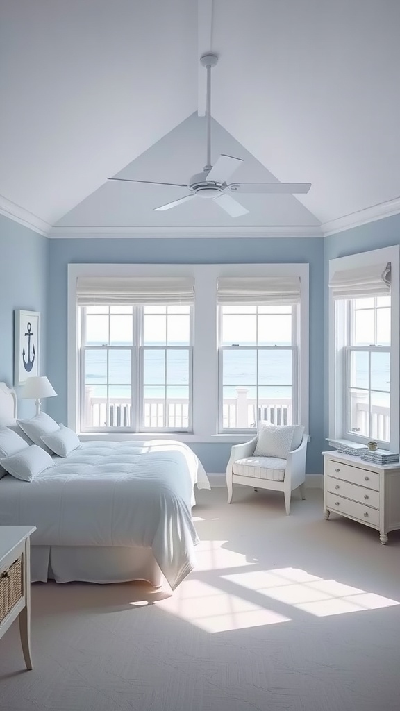 A coastal chic master bedroom featuring light blue walls, a white bed, and nautical decor.