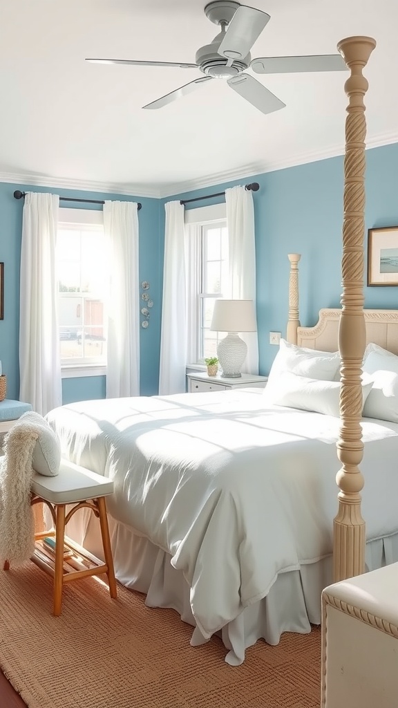 A coastal-inspired master bedroom featuring blue walls, white bedding, and natural light.