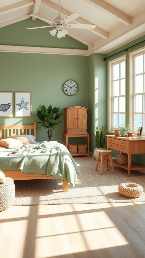 Coastal inspired bedroom with green walls and wooden furniture, featuring natural light and plants.