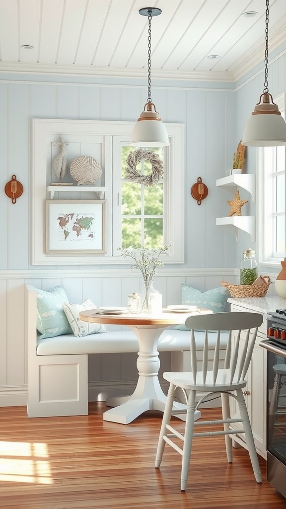 Cozy kitchen nook with blue walls, white accents, and seaside decor.