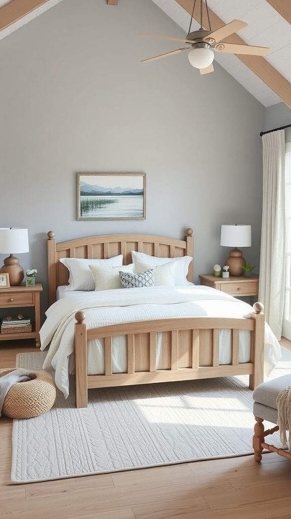 A grey-themed coastal bedroom featuring a wooden bed frame, starfish artwork, and warm lighting.