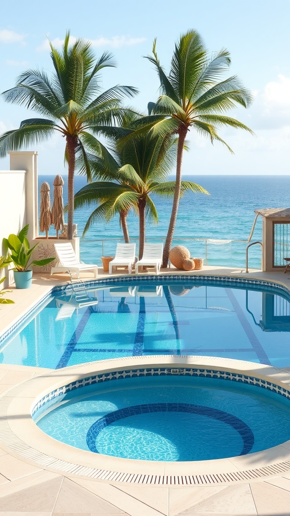 A serene swimming pool area with palm trees and ocean view, featuring a larger pool and a smaller hot tub.