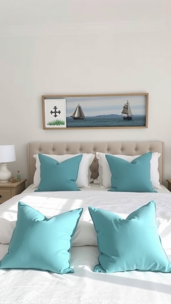 A bedroom featuring teal pillows on a white bed, with nautical-themed artwork on the wall.