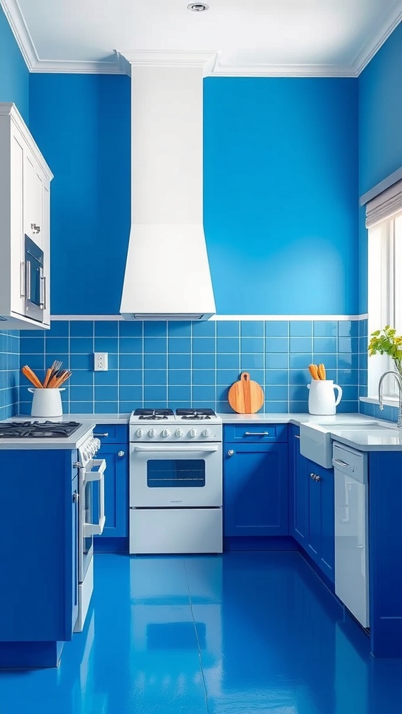 A vibrant cobalt blue kitchen with blue cabinets, tiled backsplash, and white appliances.