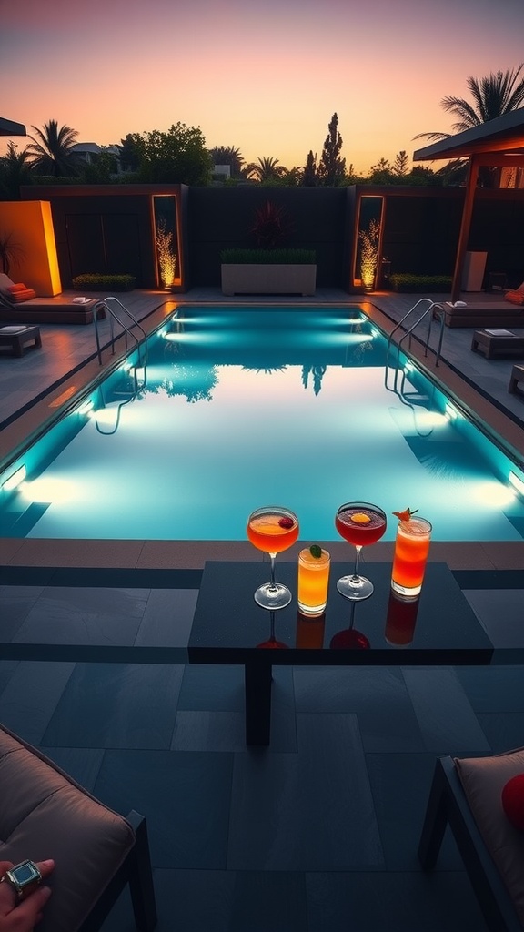 A stylish rectangular cocktail pool with drinks on a table and a sunset in the background.