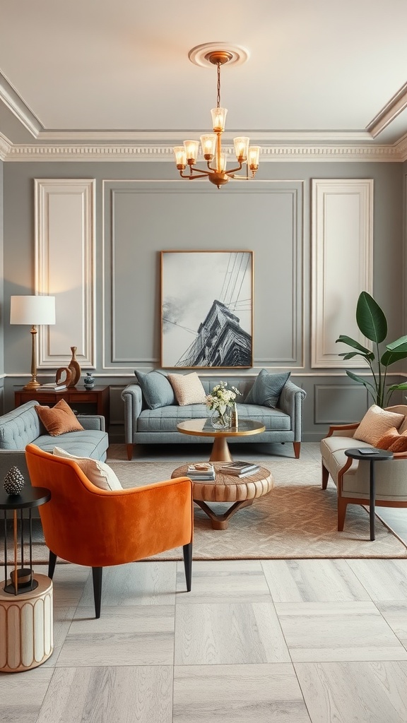 A stylish living room featuring Art Deco and contemporary design elements.