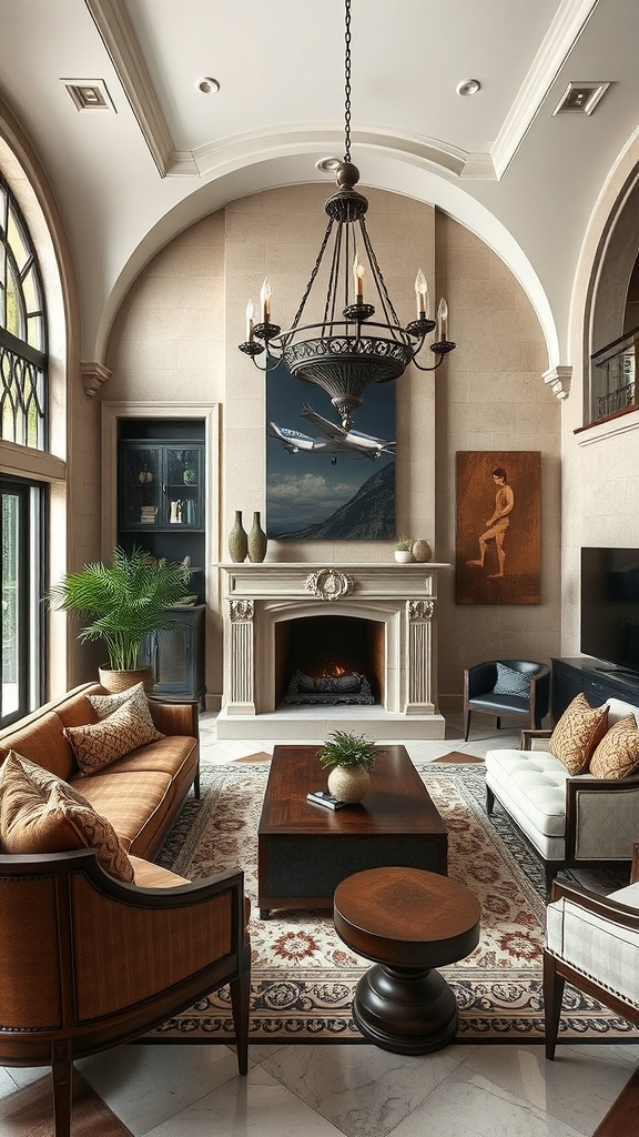 A beautifully designed living room showcasing a blend of Gothic and Mediterranean styles, featuring high ceilings, elegant furniture, and classic artwork.