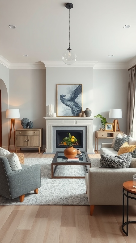 A stylish living room featuring a warm gray wall, elegant furniture, and a cozy fireplace with art above it.