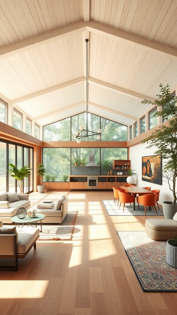 A spacious mid-century modern living room with large windows, cozy seating, and a bright atmosphere.