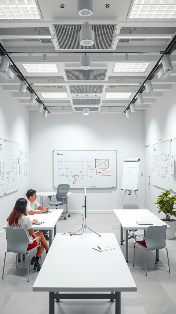 A collaborative workspace featuring whiteboard walls, modern furniture, and a bright atmosphere.