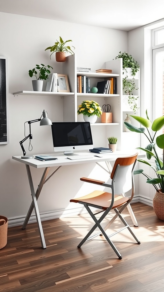A bright home office with a collapsible desk, chair, and plants, illustrating a functional workspace.