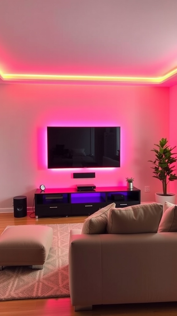 Living room with color-changing LED lights behind the TV, creating a cozy atmosphere.
