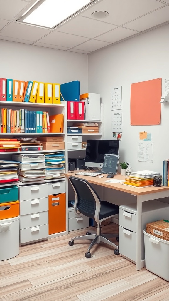 A small home office with color-coded folders and organized workspace