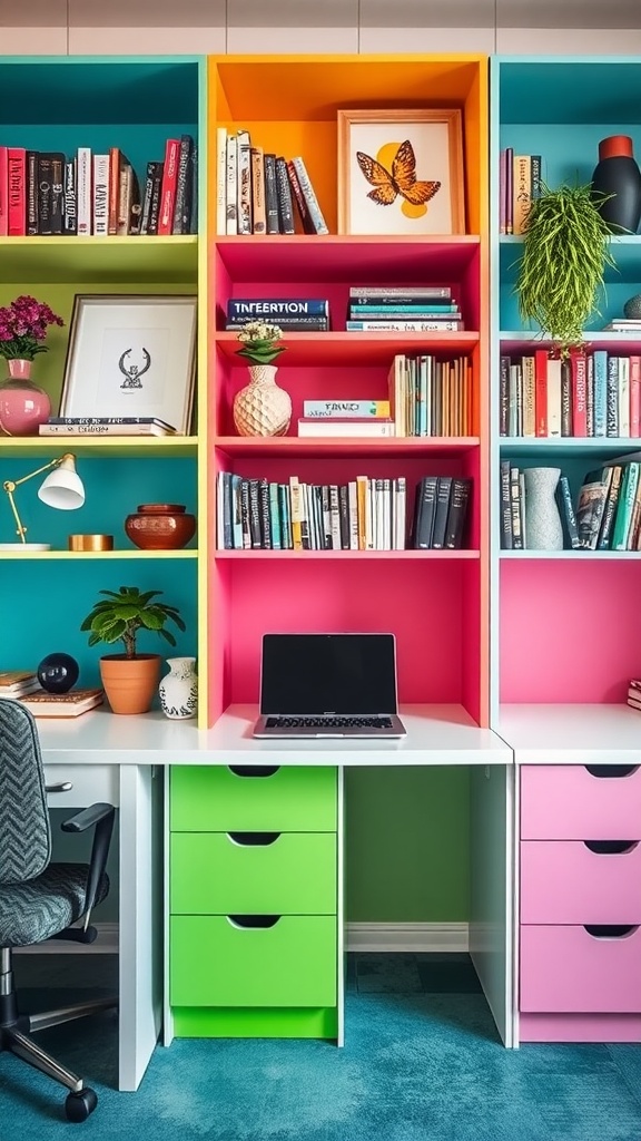 A colorful shelving unit filled with books and decorative items above a modern desk with two computer monitors.