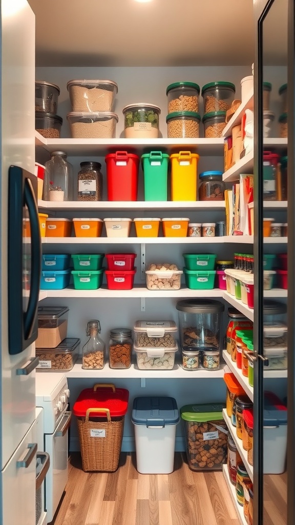 A well-organized pantry with color-coded storage containers, showcasing a variety of food items in vibrant colors.