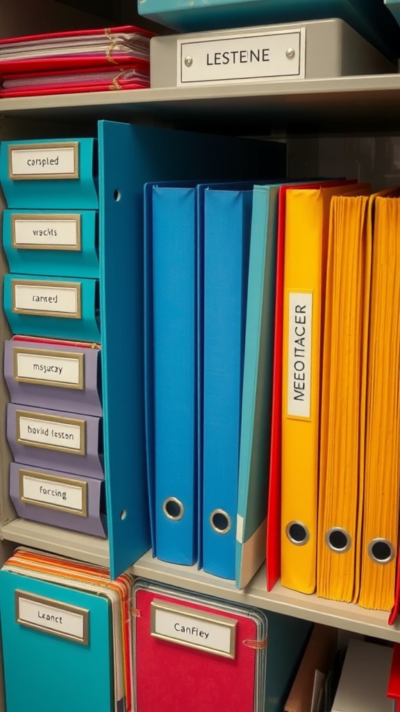 Organized shelves with color-coded binders and labeled boxes in a home office setup.