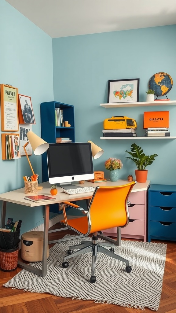 A colorful home office with a desk, computer, and coordinated accessories in light blue and orange.