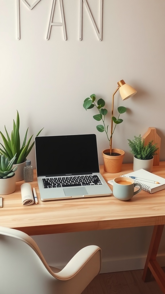 A cozy desk setup featuring a laptop, potted plants, a coffee cup, and a stylish lamp.