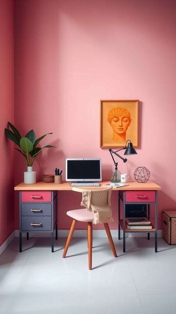 A colorful corner desk setup featuring a pink wall, stylish desk with colorful drawers, a plant, and a laptop.
