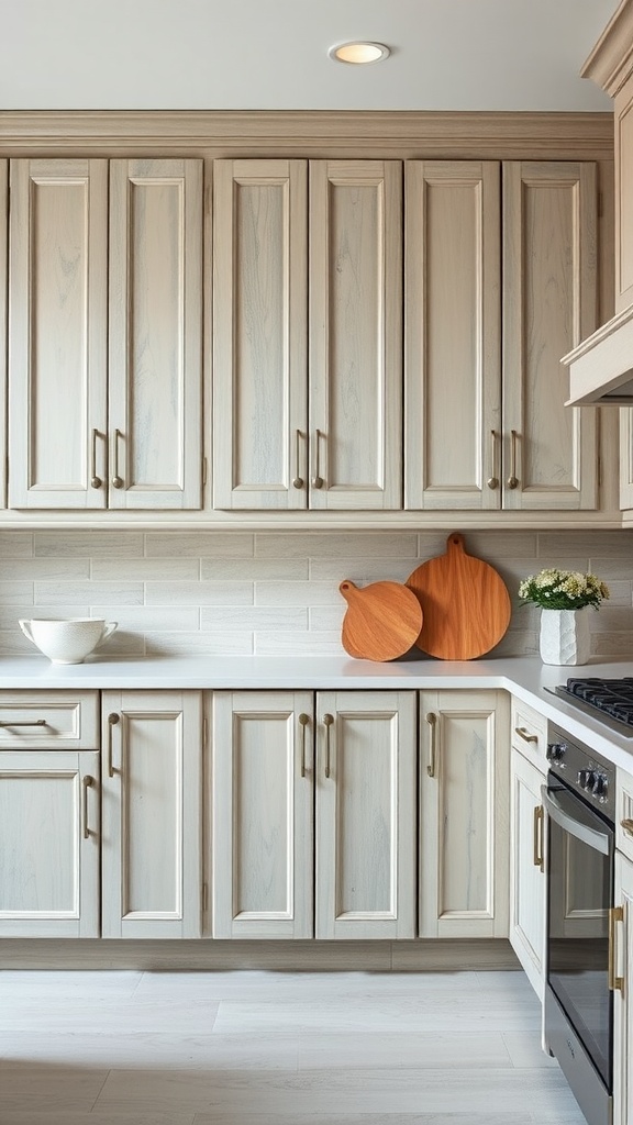 Kitchen cabinets with a color wash finish, featuring soft hues and natural wood elements.