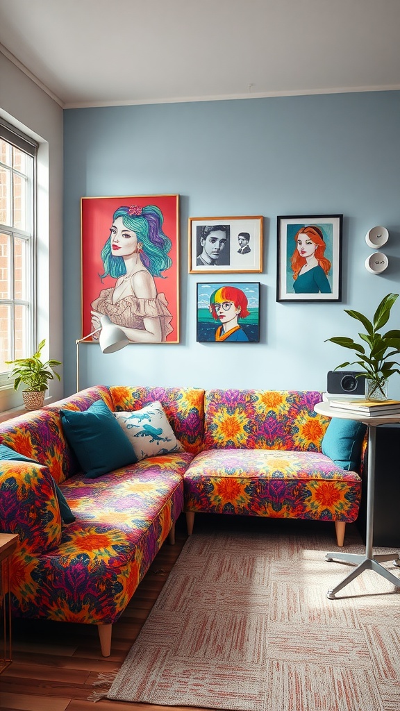 A vibrant, colorful accent couch in a home office setting with artwork on the walls.