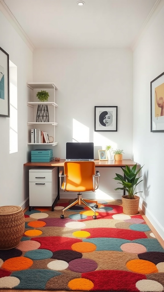 A cozy home office featuring a colorful accent rug with circles, an orange office chair, and a desk.