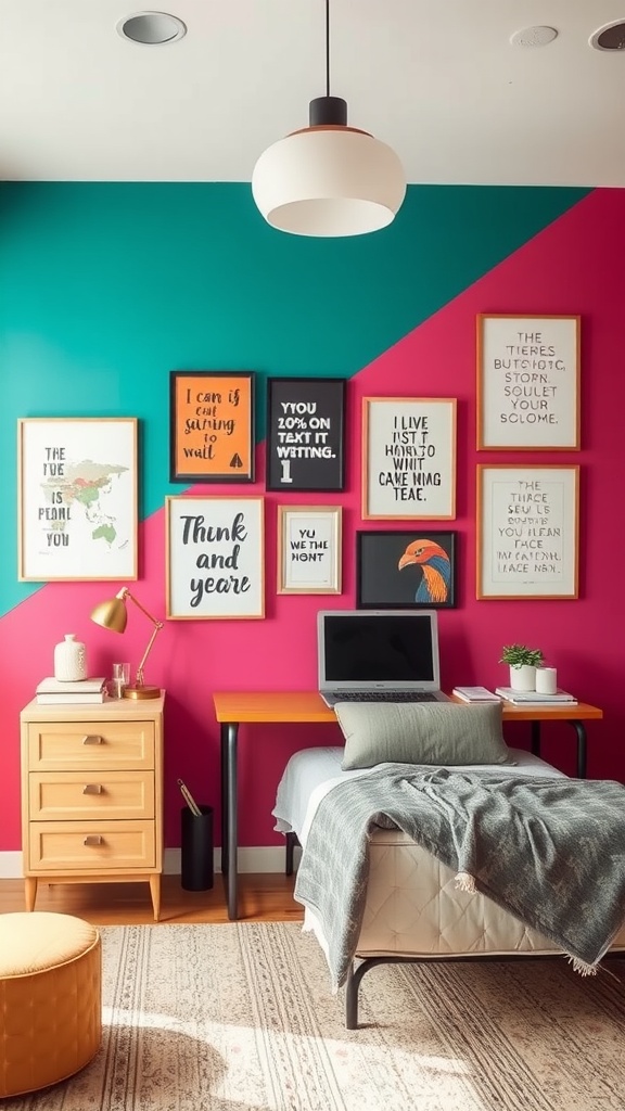Colorful accent wall with teal and pink sections, featuring framed quotes and artwork in a home office guest room.