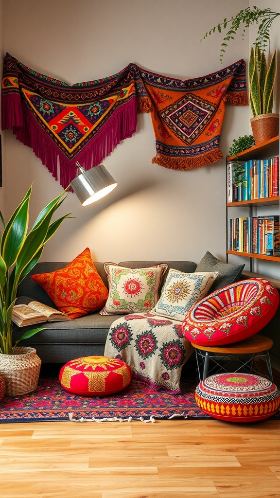 A colorful bohemian reading nook with vibrant textiles, cushions, and plants