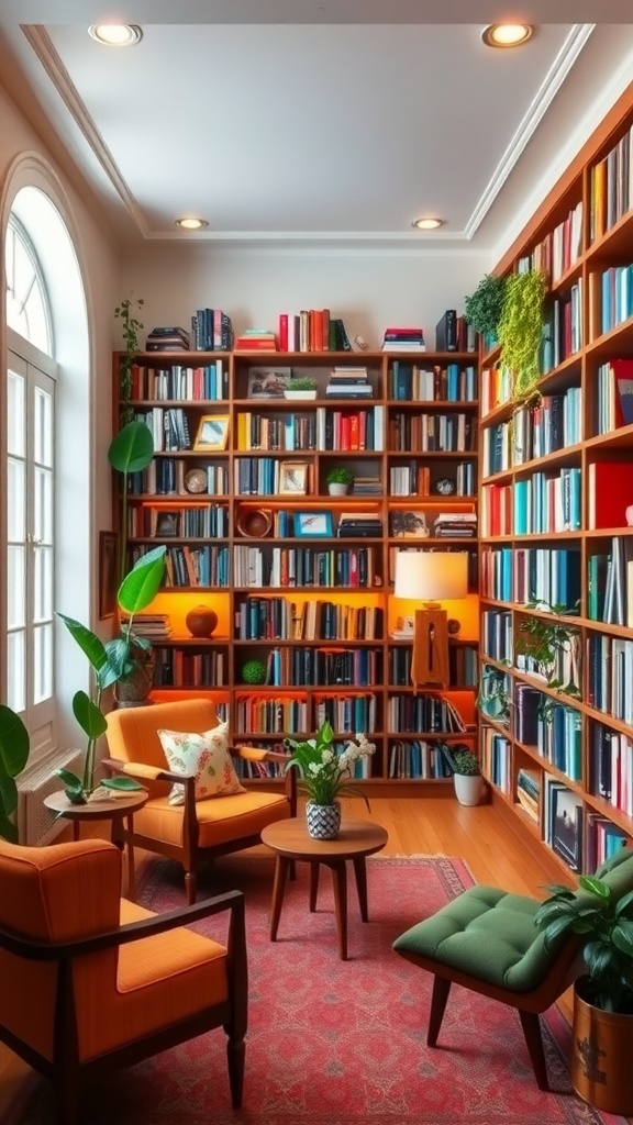 A cozy home library featuring colorful bookshelves, orange chairs, and indoor plants.