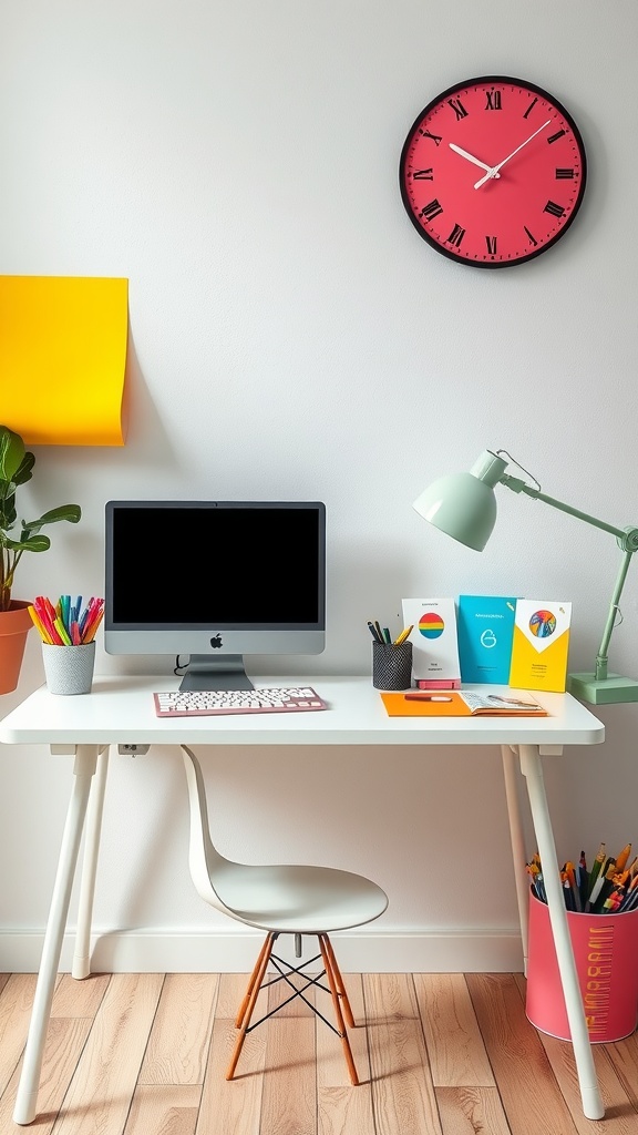 A colorful home office setup with a modern desk, vibrant accessories, and a stylish clock
