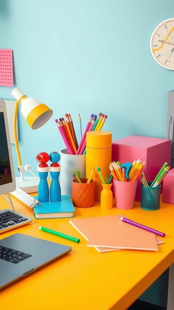 A colorful desk setup with vibrant stationery and accessories on an orange desk.