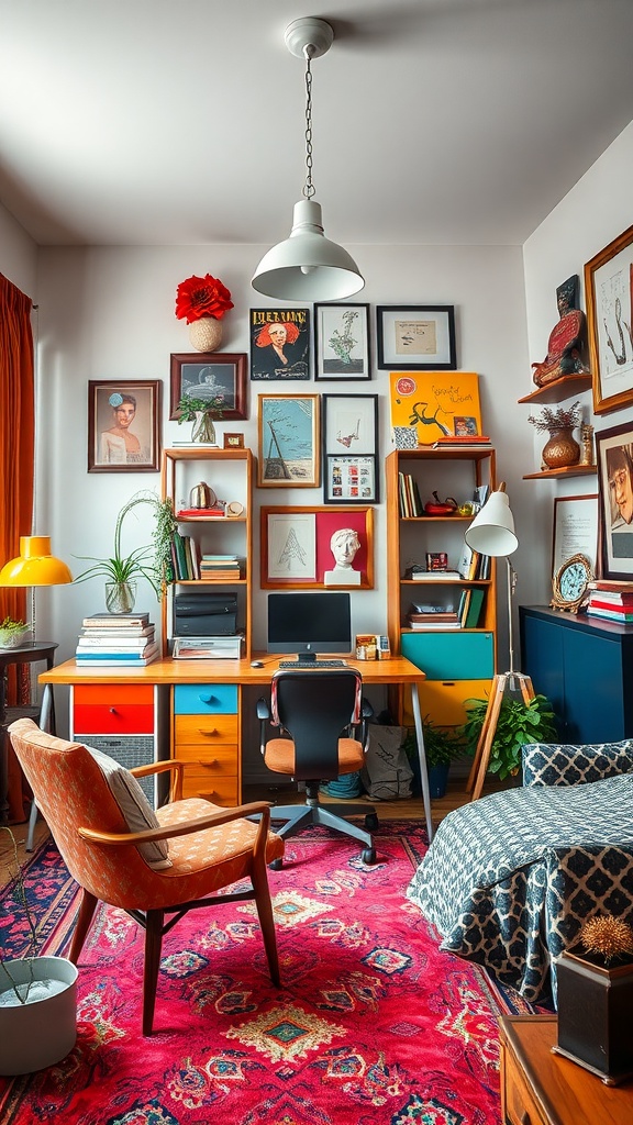 A colorful eclectic home office setup featuring an orange desk, retro chair, and vibrant decor.