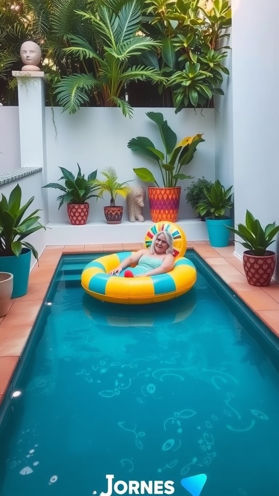 A person lounging on a colorful float in a small pool surrounded by lush plants.