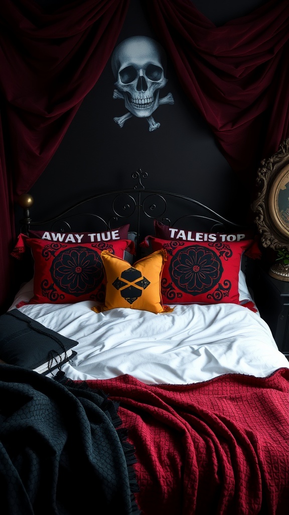 A whimsical goth bedroom featuring rich burgundy drapes, a skull wall art, and colorful decorative pillows.