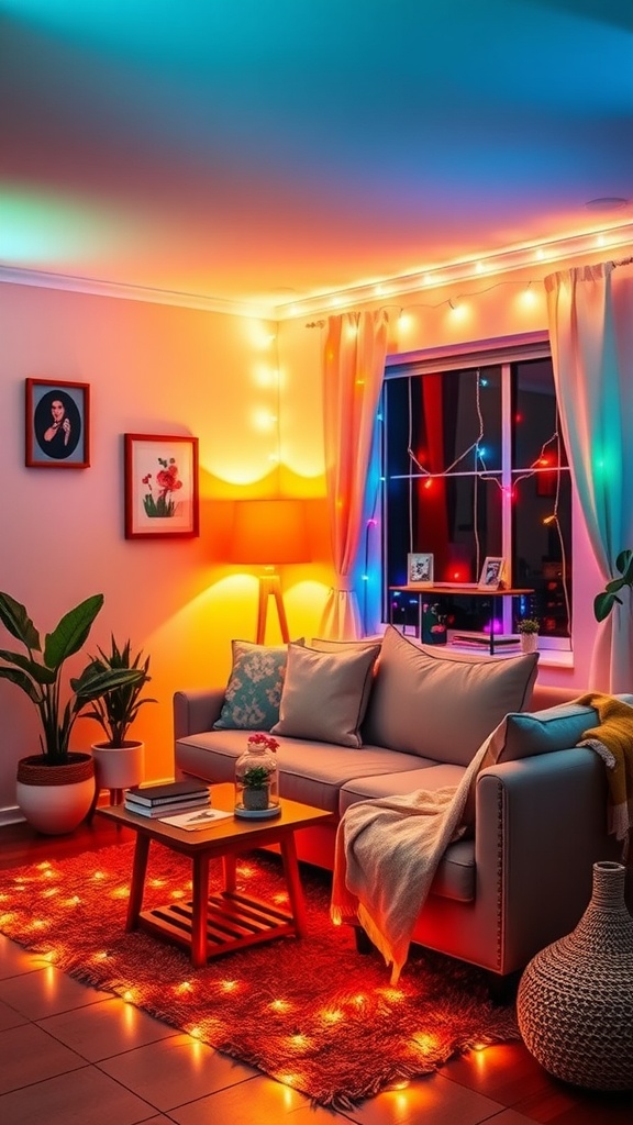 A cozy living room with colorful lighting, featuring string lights, a floor lamp, and a comfortable sofa.