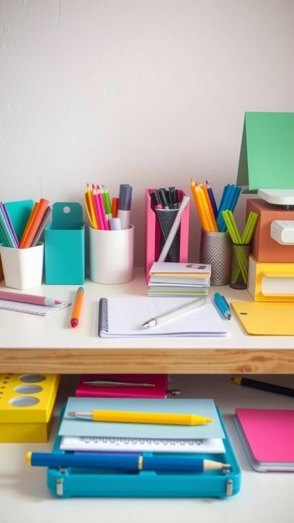A colorful arrangement of office supplies including pens, notebooks, and containers on a desk.