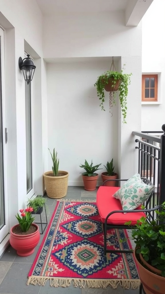 A small balcony featuring a colorful outdoor rug, potted plants, and a cozy chair