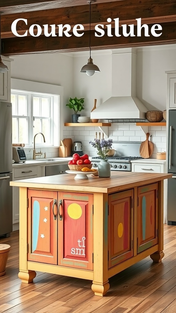 A colorful painted kitchen island with bright orange, yellow, and blue design elements, surrounded by a modern kitchen environment.