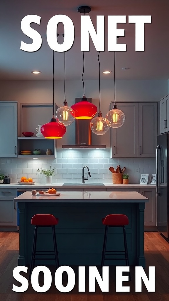 Colorful pendant lights hanging over a kitchen island.