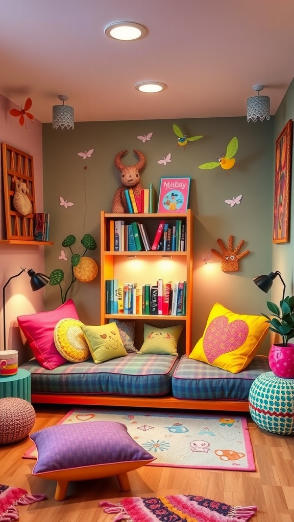 A vibrant reading nook for kids with colorful pillows, a cozy couch, and a decorated wall.