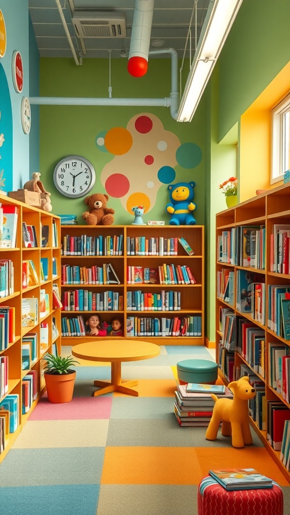 A colorful library for children with bookshelves, playful decorations, and cozy seating.