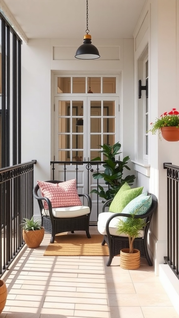 Cozy small balcony with colorful throw pillows on chairs