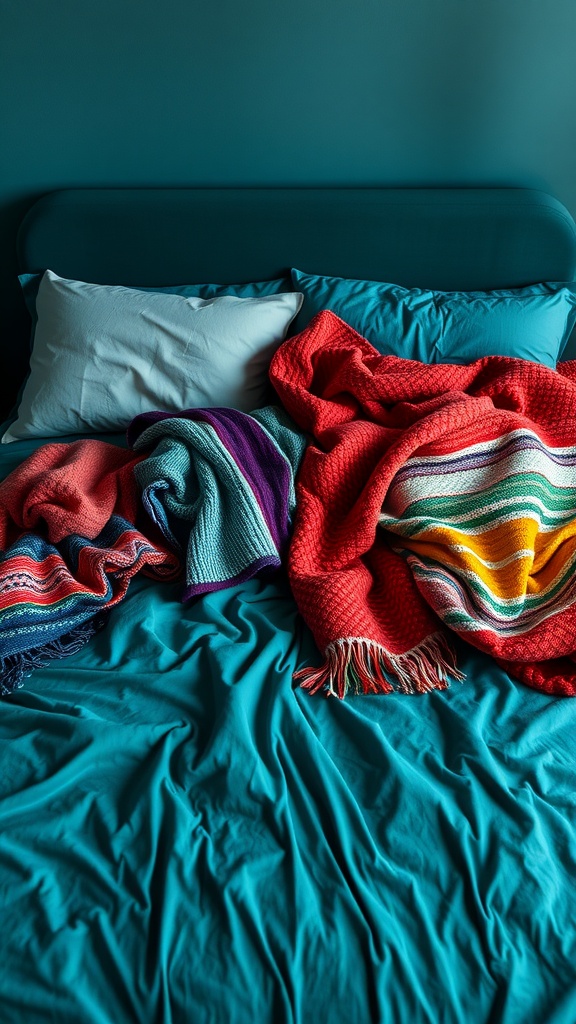 A bed with colorful throws on dark teal sheets