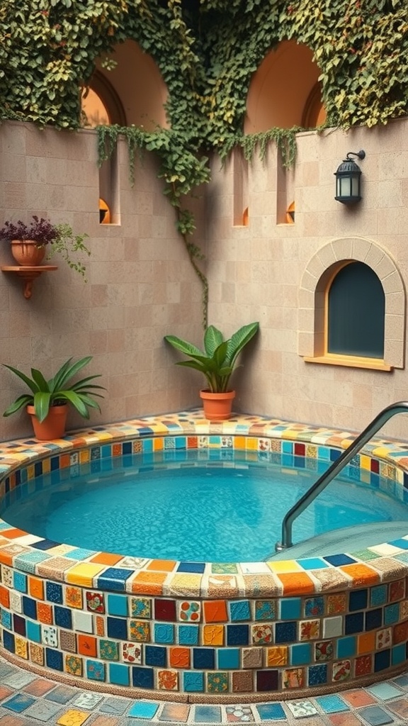 A small pool surrounded by colorful mosaic tiles and green plants