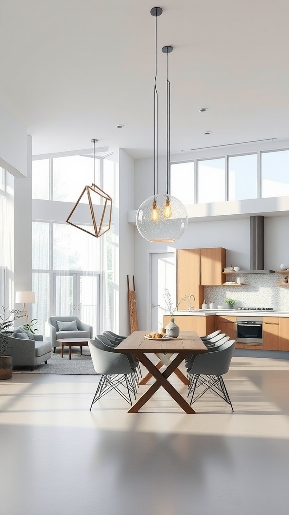 A modern open living room and kitchen space featuring pendant lights and large windows allowing natural light